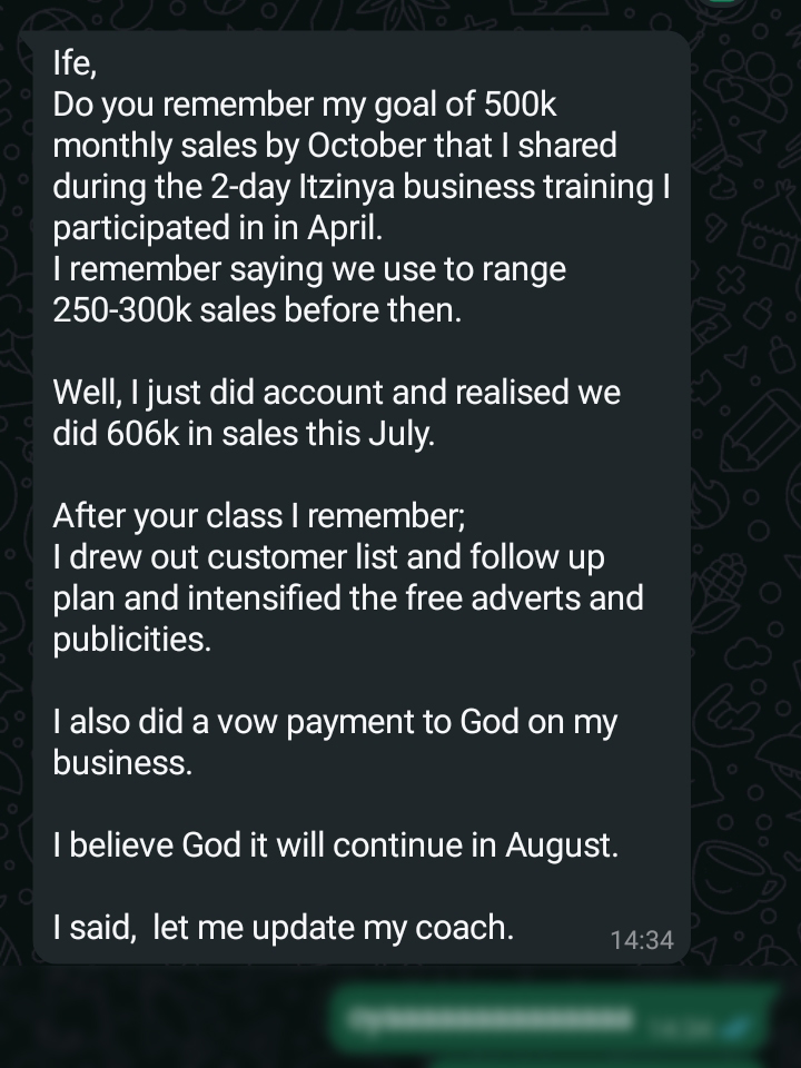 WhatsApp testimonial from Ope Bello sharing business growth.