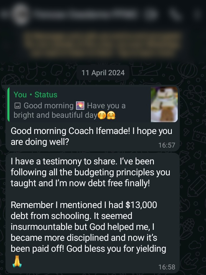 WhatsApp testimony from Fenose Osedeme — cleared $13,000 debt.