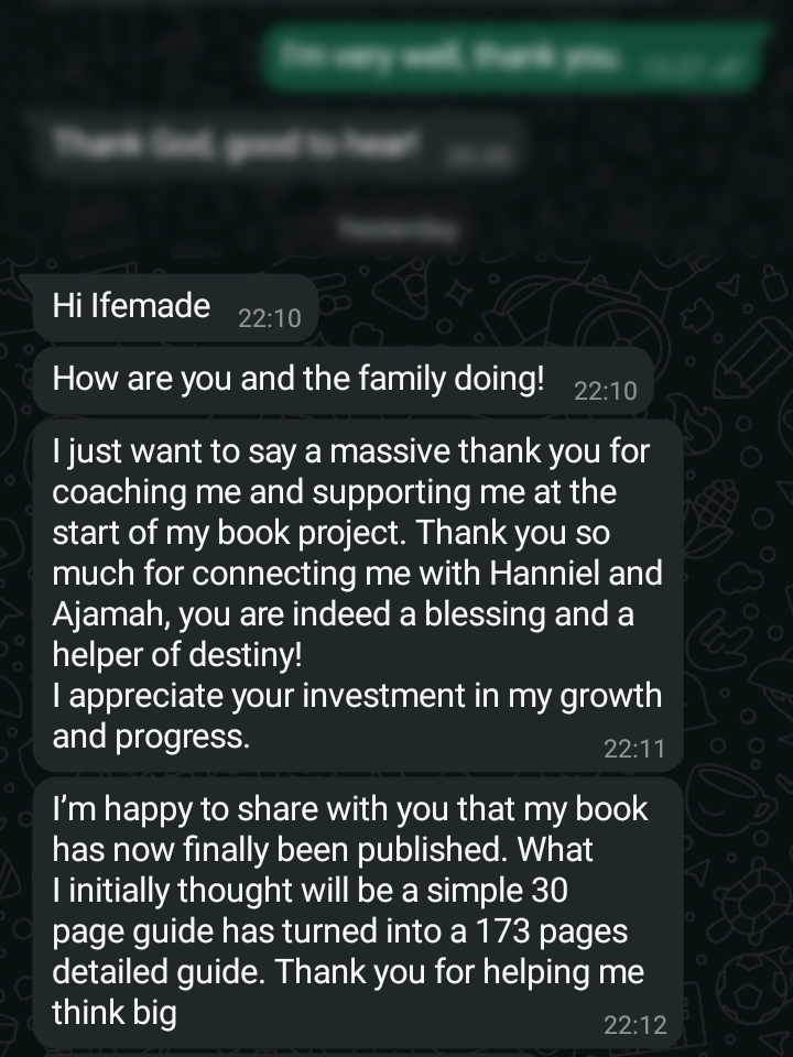 WhatsApp testimony from Onose about a book project growth.