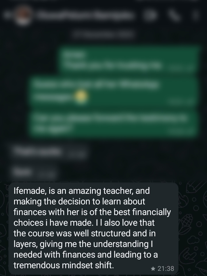 WhatsApp testimony calling Ifemade an amazing teacher.