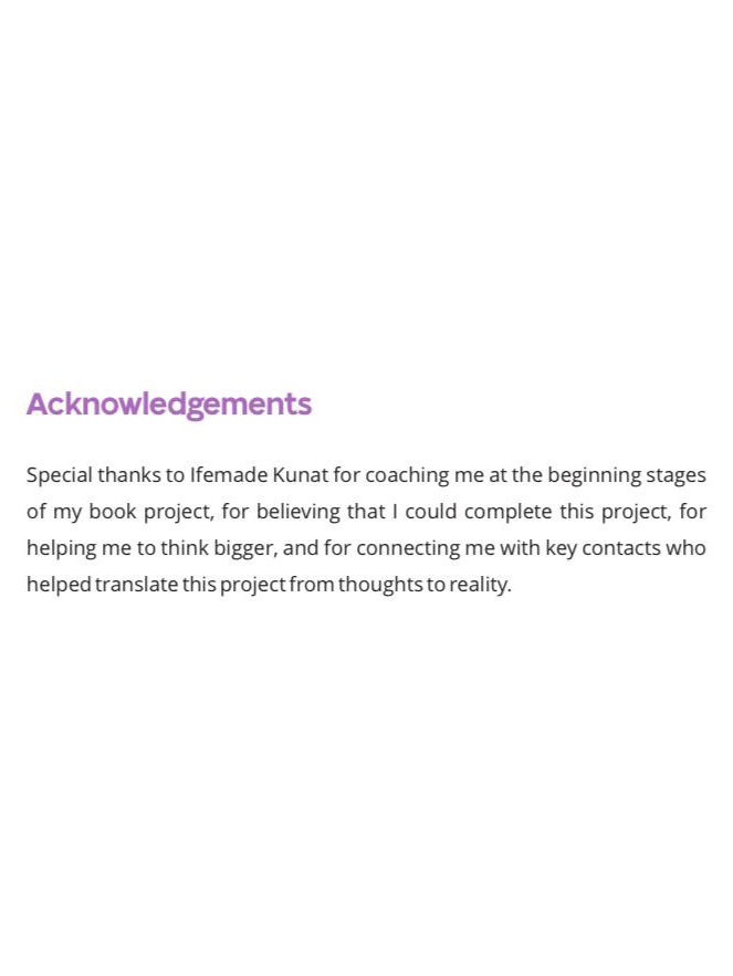 Book acknowledgement mentioning special thanks to Ifemade Kunat.
