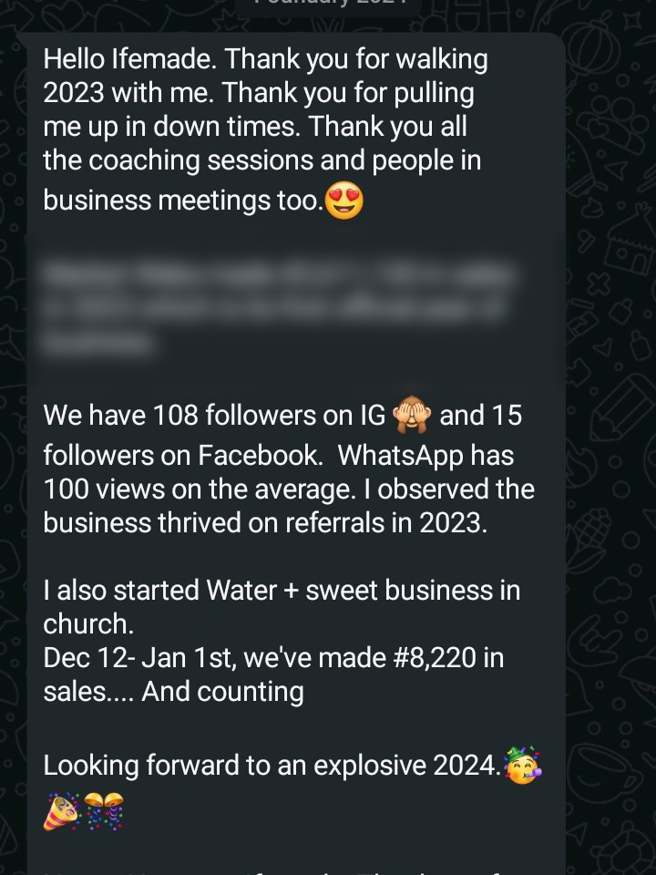 WhatsApp testimony thanking Ife for making financial literacy enjoyable.