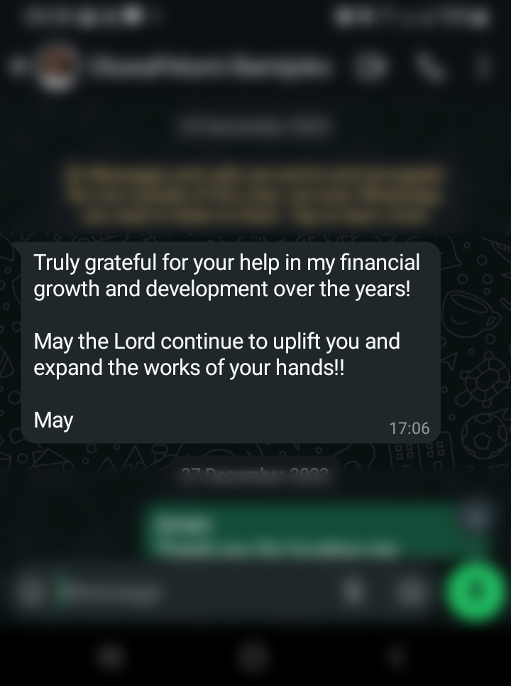 WhatsApp testimonial from May expressing gratitude for financial growth.